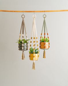 three hanging planters with plants in them on a string attached to a wall or ceiling