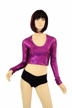 "This item is made to order, please read all the way through the listing before purchasing! Sparkling, holographic fuchsia sparkly jewel lycra spandex is darkly dazzling. This crop top has a scoop neckline and long sleeves, and a four way stretch fit. LENGTH: 8\" (from the underarm to the hemline) Womens Sizing (See below for instructions on where measurements should be taken) XXS: Bust 29\"-30\" / Waist 22\"-23\" / Hips 30\"-32\" Extra Small: Bust 31\"-32\" / Waist 24\"-25\" / Hips 33\"-35\" Sm Scoop Neck Crop Top, Fabric Yardage, Neck Crop Top, Long Sleeve Crop, Quality Clothing, Scoop Neckline, Womens Clothing Tops, Scoop Neck, Crop Top