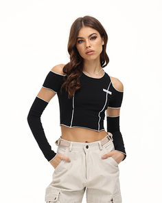 Details: Crop top with "My Baby Made It" label and shoulder cut-out. coming with a pair of sleevesTop Length: CroppedSleeve Length: Long SleevesMaterials: 95% Polyester + 5% Spandex Edgy Off-shoulder Top For Fall, Edgy Stretch Off-shoulder Tops, Edgy Spring Crop Top, Edgy Long Sleeve Crop Top For Summer, Edgy Long Sleeve Summer Crop Top, Edgy Off-shoulder Tops For Summer, Fitted Black Long Sleeve Top For Summer, Edgy Off-shoulder Summer Tops, Black Stretch Long Sleeve Top For Summer