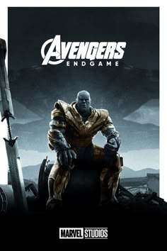 the avengers endgame movie poster with thanos sitting on a giant iron man chair