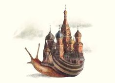 a snail is riding on top of a building with spires in the sky behind it