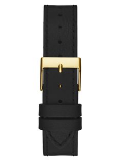 An iconic staple piece. This gold-tone analog watch features a triangle shape lug, rhinestone accents, a black-tone face and a contrast leather band. Gold Leather Strap Watch Band For Business, Modern Gold Leather Watch Accessories, Everyday Gold Leather Watch Band, Gold Leather Strap Watch Band For Everyday, Gold Watch Band With Leather Strap For Everyday, Everyday Gold Watch Band With Leather Strap, Black Leather Watch For Work, Black Leather Watches For Work, Tone Face