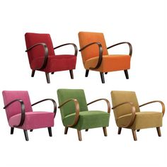 six different colored chairs with wooden arms