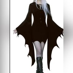 Get Ready To Rock The Party With This Gothic Bat Flare Wing Dress By Sgc619. The Short Dress Features A Solid Pattern, Long Sleeves, And A Pullover Closure. The Stunning Black Color With Punk, Gothic, And Halloween Themes Make It A Perfect Fit For A Party Or Cocktail Occasion. This Bodycon Style Dress With A Keyhole Neck And Flare Bat Wing Sleeves Is Available In Size M. The Dress Is Brand New With Tags And Perfect For The Fall Season. So, Add A Unique Touch To Your Wardrobe With This Gothic Bat Skin Tight Gothic Dress, Bat Outfits Aesthetic, Bat Themed Dress, Bat Wings Dress, Bat Sleeve Dress Pattern, Short Black Summer Dress, Halloween Clothing Aesthetic, Bat Themed Clothes, Bat Sleeve Pattern