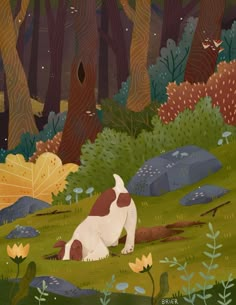 a painting of a dog sitting in the middle of a forest surrounded by rocks and trees