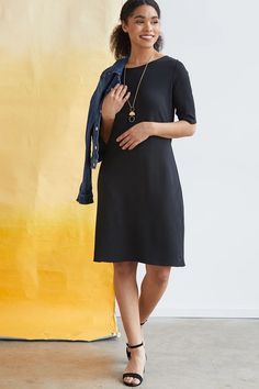 Womens Organic Boat Neck Dress - Fair Indigo Elegant Fitted Midi Dress For Everyday, Casual Workwear Dress With Straight Neckline, Black Boat Neck Dress For Spring, Fitted Midi-length Dress For Everyday, Elegant Fitted Dresses For Everyday, Elegant Crew Neck Dress For Work, Chic Dresses With Relaxed Fit And Crew Neck, Black Relaxed Fit Dress For Everyday, Chic Crew Neck Dress With Relaxed Fit