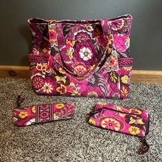 Retired Carnaby Vera Bradley Zip Closure Purse, Wallet, And Travel Accessory Set. Gently Used, But In Absolute Pristine Condition! As If It’s Brand New :) Vera Bradley Purses, Vera Bradley Bags, Purse Wallet, Vera Bradley, Pink Purple, Bag Lady, Purse, Wallet, Brand New