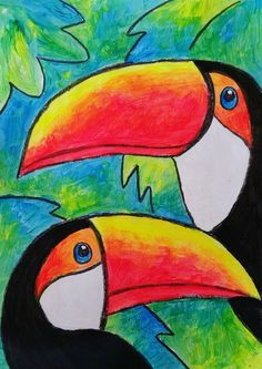 a drawing of two colorful toucans with leaves in the background and one has blue eyes