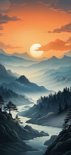 a painting of mountains and trees with the sun setting in the sky above them,