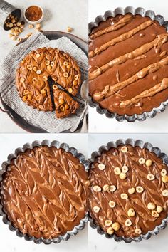 four different views of a pie with chocolate frosting and nuts on top, including the crust