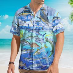 This custom Hawaiian shirt is a great gift idea, as well as a loose and comfy outfit that will keep you cool during the hot summer months. Coming up with a surprise for your loved ones is up to you. This present is appropriate for any occasion, and the receivers will surely love it! Product details: Material: Polyester fabric Feature: Featuring a spread collar, printed pattern all over the shirt, a front button fastening, short sleeves and a relaxed shape. The design is printed with new age prin Tuna Fish, Cool Hawaiian Shirts, Summer Months, Mens Hawaiian Shirts, Hot Summer, Hawaiian Shirt, Comfy Outfits, Polyester Fabric, Print Patterns