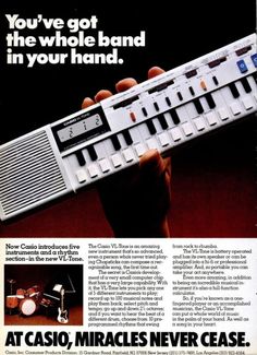 an advertisement for the new casio musical instrument from 1970, featuring a hand - held keyboard