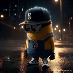 a minion wearing a baseball cap and overalls standing in the rain at night