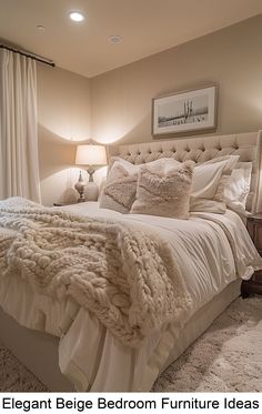 a large bed sitting in a bedroom next to a window with white drapes on it