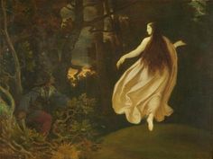 a painting of a woman in a white dress flying through the air over a forest