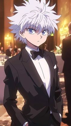 an anime character in a tuxedo standing with his hands on his hips and looking at the camera