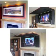 three pictures of a fireplace with two televisions on it