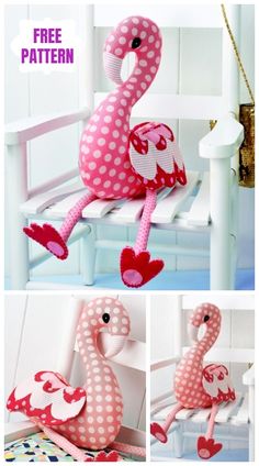 a pink flamingo stuffed animal sitting on top of a white chair with polka dots