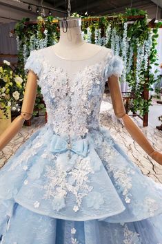 Dresses With 3d Flowers, Light Blue Ball Gown, Prom Dress With Flowers, Sky Blue Prom Dress, Burgundy Homecoming Dress, Floral Ball Gown, Cap Sleeve Prom Dress, Dress With Beads, Blue Ball Gown