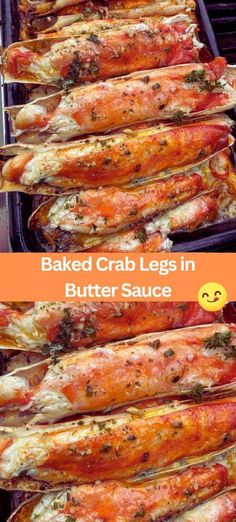 baked crab legs in butter sauce are ready to be served on the bbq grill