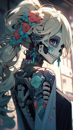 a woman with long hair and flowers in her hair, wearing a skeleton makeup on her face