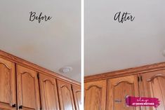 before and after photos of kitchen cabinets with white paint on the ceiling, one has black lettering that says before and after