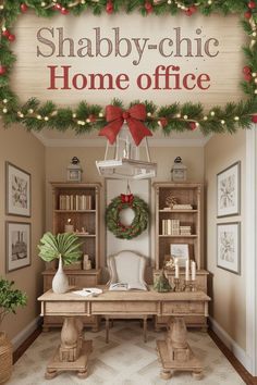 the front cover of shabby chic home office with christmas decorations and wreaths