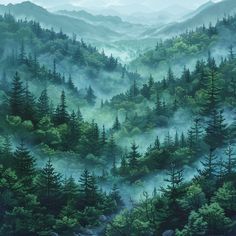 a painting of trees and fog in the mountains