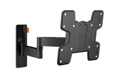 a black wall mount with a flat screen tv on it's arm and an orange button in the center