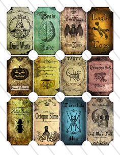 the twelve harry potter bottle labels are shown in different colors and sizes, including one for each