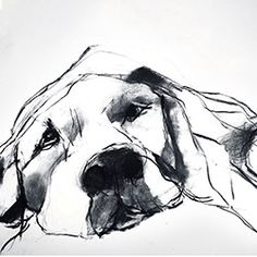 a black and white drawing of a dog's head with its eyes closed in front of the camera