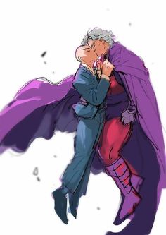 an older man in a purple cape hugging another person