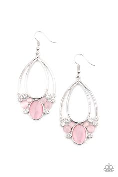 A glamorous collection of glittery white rhinestones and dewy pink cat's eye stones collect at the bottom of two stacked silver teardrop frames, creating an enchanted fringe. Earring attaches to a standard fishhook fitting.

 Sold as one pair of earrings. Cheap Nickel-free Pink Teardrop Earrings, Affordable Pink Teardrop Crystal Earrings, Cheap Pink Teardrop Crystal Earrings, Affordable Pink Teardrop Beaded Earrings, Fringe Earring, Pink Moonstone, Cats Eye Stone, Fish Hook Earrings, Jewelry Images