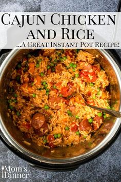 cajun chicken and rice in a large pot with the title overlay reads cajun chicken and rice a great instant pot recipe