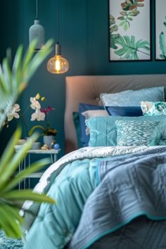 A cozy chic bedroom showcasing beautiful teal and grey prints, designed for a harmonious and serene atmosphere. This pin explores teal bedroom decor ideas and a stylish transformation. Grey And Teal Bedding, Teal And White Bedroom, Teal And Gray Bedroom, Blue Green Bedrooms, Grey Bedroom Design, Teal Bedroom, Modern Color Schemes, Playful Decor, Teal Walls