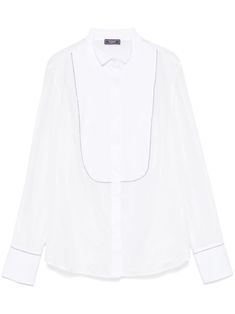 white cotton-silk blend panelled design wingtip collar concealed front button fastening chain-link trim long sleeves buttoned cuffs curved hem White Top With Embellished Collar For Work, Classic Long Sleeve Tops With Embellished Collar, Classic Long Sleeve Top With Embellished Collar, Elegant Workwear Tops With Embellished Collar, Elegant Tops With Embellished Collar For Work, White Blouse With Embellished Collar For Work, Formal Long Sleeve Shirt With Embellished Collar, Elegant Formal Shirt With Embellished Collar, White Long Sleeve Tops With Embellished Collar