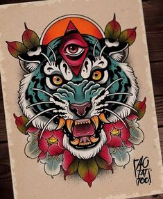 an image of a tiger with flowers on it's chest and eyes in the center