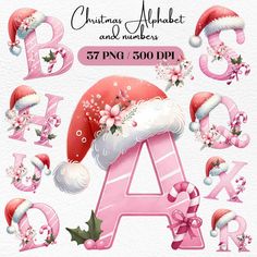 christmas alphabet and numbers with santa claus's hat, holly wreaths and flowers