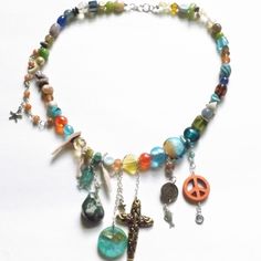 Handmade clutter necklace lots of different materials including glass- semiprecious stone, shell, freshwater pearl and ceramic to name a few on silver tone wire string with lobster clasp lots of jewelry listed customs open combine shipping! Bohemian Charm Necklaces With Colorful Beads For Jewelry Making, Handmade Charm Necklaces For Festivals, Handmade Bohemian Charm Necklaces For Healing, Whimsical Beaded Necklaces For Festivals, Unique Handmade Charm Necklaces For Festivals, Bohemian Handmade Charm Necklaces For Festival, Bohemian Wire Wrapped Beaded Necklaces With Czech Glass, Bohemian Charm Necklaces With Colorful Beads For Festivals, Bohemian Style Dangle Charm Necklaces With Natural Stones