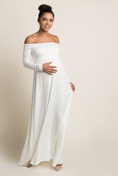 Ivory Solid Off Shoulder Maxi Dress Off-shoulder Maternity Maxi Dress, Flowy Long Sleeve Maternity Maxi Dress, Flowy Long Sleeve Maxi Dress For Maternity, Flowy Off-shoulder Maternity Maxi Dress, White Off Shoulder Maxi Dress, White Long Sleeve Maternity Maxi Dress, White Long Sleeve Maxi Dress For Maternity, Spring Maternity Stretch Maxi Dress, White Off-shoulder Maternity Dress