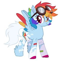 the pony is wearing goggles and standing in front of a white background with an orange tail