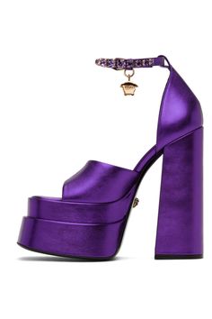 Purple Medusa Aevitas Platform Heeled Sandals by Versace on Sale Luxury Purple Open Heel Heels, Luxury Purple Evening Sandals, Luxury Purple Sandals With Open Heel, Luxury Purple Heels With Heel Strap, Purple Party Sandals With Buckle Closure, Luxury Purple Leather Sandals, Luxury Purple Heels For Party Occasions, Medusa Aevitas Platform, Dark Orchid