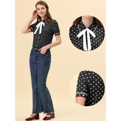 Lovely polka dots and a Peter Pan collar bring casual romance to this shirt, which brings you a vintage look. This elegant and cute blouse, designed with a Peter Pan collar and puff sleeve, adds a touch of elegance and cuteness to your wardrobe. This sweet shirt is easily paired with short skirts or trousers for an elegant and sweet look. Collared Polka Dot Top For Work, Polka Dot Collared Blouse With Buttons, Polka Dot Collared Top For Spring, Polka Dot Collared Blouse With Button Closure, Polka Dot Collared Top With Button Closure, Casual Polka Dot Collared Blouse, Casual Polka Dot Blouse With Buttons, Casual Collared Blouse In Polka Dot, Casual Collared Blouse With Polka Dot Pattern