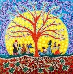 a painting with people sitting under a tree