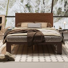 a bed sitting on top of a white tiled floor next to a wooden headboard