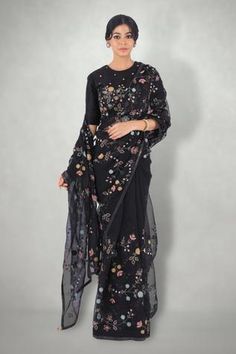 Shop for I am Design Black Silk Organza Floral Embroidered Saree With Blouse for Women Online at Aza Fashions Black Embroidered Blouse, Floral Saree, Yellow Saree, Embroidered Saree, Black Saree, Georgette Saree, Indian Fashion Designers, Silk Organza, Party Wear Sarees