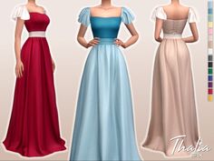 three dresses with different colors are shown in this image, one is blue and the other is red