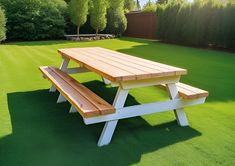 a wooden picnic table sitting on top of a lush green field