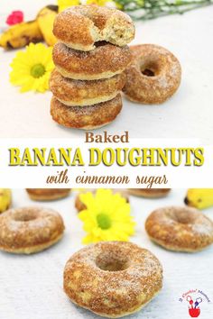 baked banana doughnuts with cinnamon sugar are stacked on top of each other in front of yellow flowers