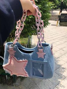 Baby Blue  Collar  Polyester Animal,Geometric Novelty Bag Embellished   Women Bags Tas Denim, Denim Crossbody, Denim Shoulder Bags, Zip Purse, Jean Vintage, Vintage Shoulder Bag, Pink Stars